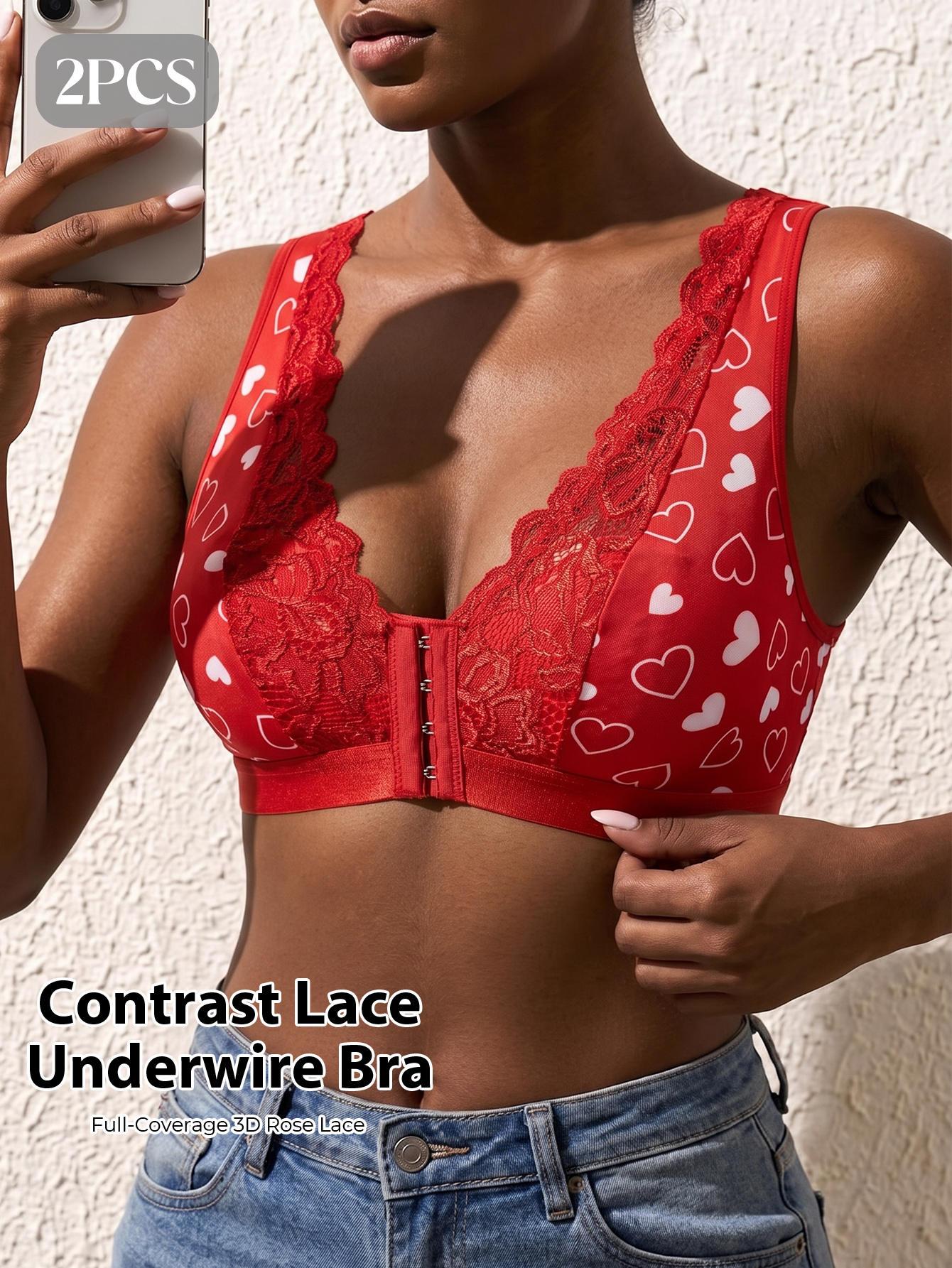 2pcs Women's Front-Closure Seamless Bra Set, Everyday Wear